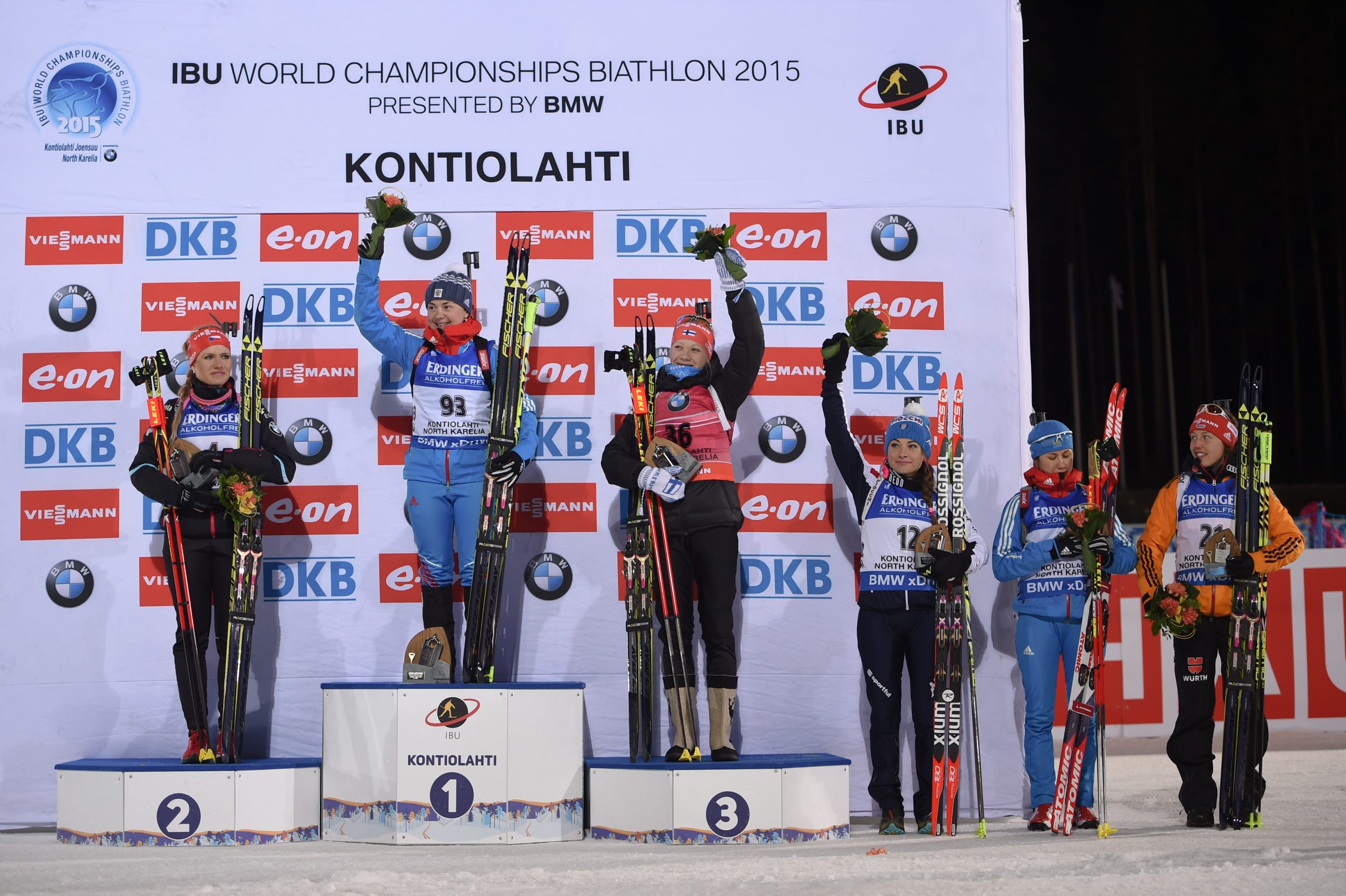 Il podio dell'individuale femminile dei Mondiali di Kontiolathi (NordicFocus)